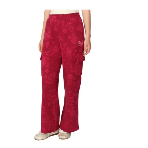 GAP Other - Gap Girls Sweatpants Red Floral Fleece Jogger Cargo Pockets Wide Leg L(14/16)